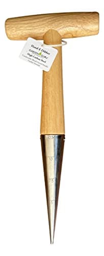 Garden Guru Steel Dibber Planter Tool for Planting Seeds & Bulbs - High Carbon Steel & Comfortable Wood Carved Handle - for Consistent Planting Flowers Tulips, Daffodils, Dahlias