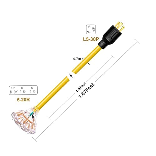 30 Amp to 15/20 Amp Generator Adapter - Locking Cord, Nema L5-30P Male to 3X 5-20R Female, 1.5 FT Household Outlet Female