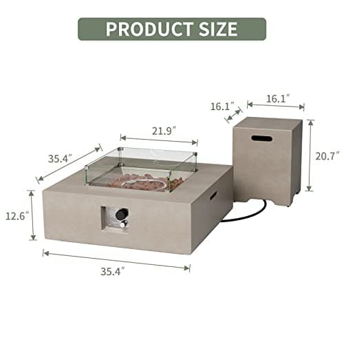 COSIEST 35-inch Square Outdoor Sandstone Propane Fire Pit w Wind Guard and Side Table, CSA Certified, 50,000 BTU Stainless Steel Burner, Free Lava Rocks and Rain Cover, Metal Lid(Gray)