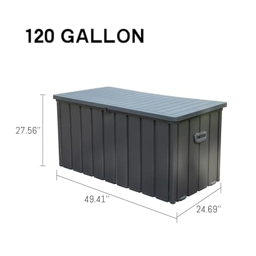 Domi 120 Gallon Deck Box, Patio Storage Box with Resin Lid, Steel Tool Waterproof Outdoor Storage Container for Outside Cushions, Lockable Outdoor Storage Bin for Garden and Pools Tools (Gray)