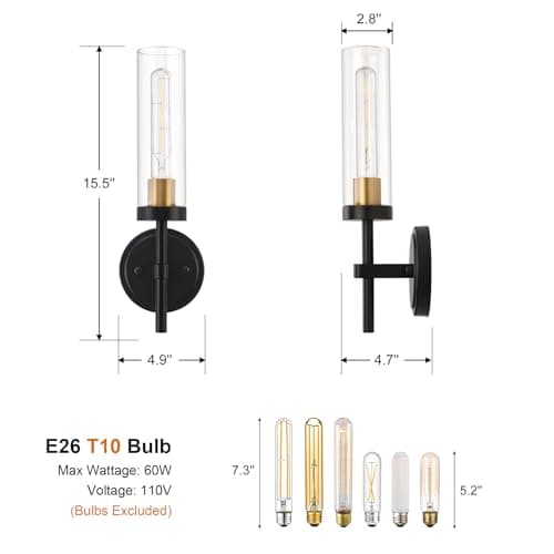 Black and Gold Hardwired Wall Sconces Set of 2, Modern Bathroom Vanity Sconces Wall Lighting with Clear Glass Shade, Farmhouse Wall Mount Lights for Mirror Bedroom Living Room Hallway Kitchen