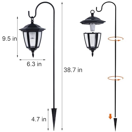 Dynaming 6 Pack Solar Hanging Lights Outdoor, Solar Powered Garden Decorative Lanterns with 6 x 38 Inch Shepherd Hooks, Waterproof Landscape Lighting for Lawn Patio Yard Pathway Driveway, Warm White