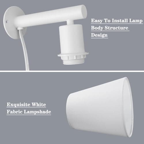 White Plug in Wall Sconces Set of Two, White Wall Sconce with Cord, Bedside Wall Lamps Plug in Set of 2 with Fabric Linen Shade, Wall Decor Bedroom Sconces for Living Room Hallway Porch