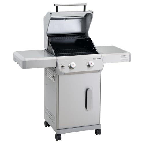 Monument Grills 2-Burner Stainless Steel Liquid Propane Gas Patio Garden Barbecue Grill with Clearview® Lid, Knob Control, and Two Foldable Shelves Mesa200S with BBQ Cover