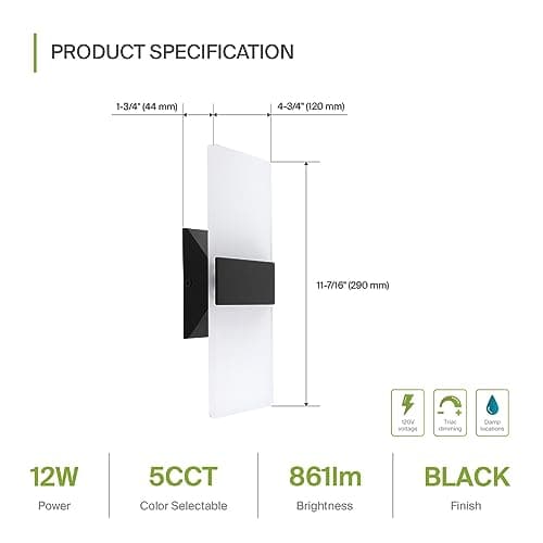 ASD 12 Inch LED Indoor Wall Sconce - Modern Interior 12W 2700K-5000K Adjustable Dimmable Wall Mounted Light Fixtures, Acrylic Glass Wall Lights for Stairway, Hallway - UL, Matte Black