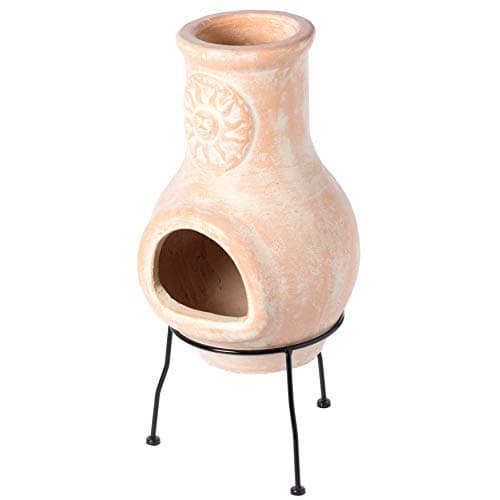 Beige Outdoor Clay chiminea Outdoor Fireplace Sun Design Charcoal Burning Fire Pit with Sturdy Metal Stand, Barbecue, Cocktail Party, Family Gathering, Cozy Nights Fire Pit