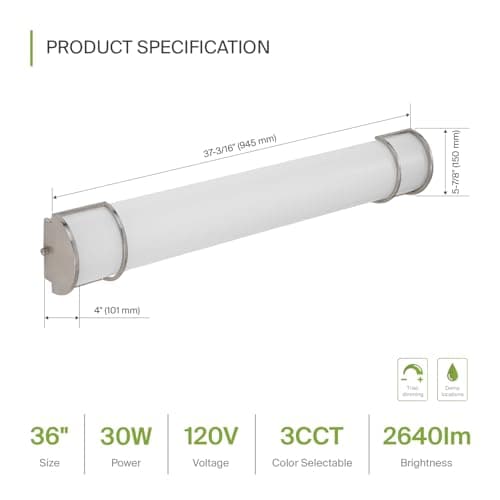 ASD LED 36 Inch Flush Mount Vanity Lighting Fixture | 30W 2650LM 3000K-5000K 120V | 3CCT, Dimmable, Energy Star, ETL Listed | Bathroom Linear Wall Light Bar, Long Tube Bath Sconce | Nickel