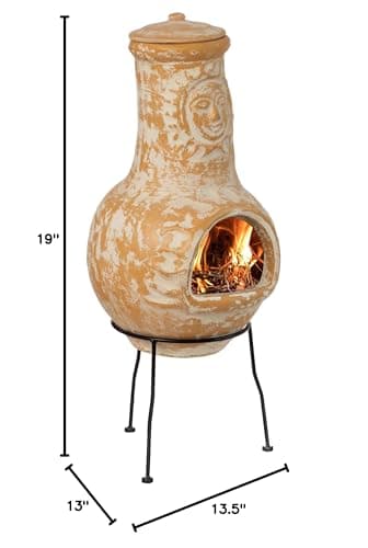 Outdoor Clay Chiminea Fireplace Sun Design Wood Burning Fire Pit with Sturdy Metal Stand, Barbecue, Cocktail Party, Cozy Nights Fire Pit (Beige)