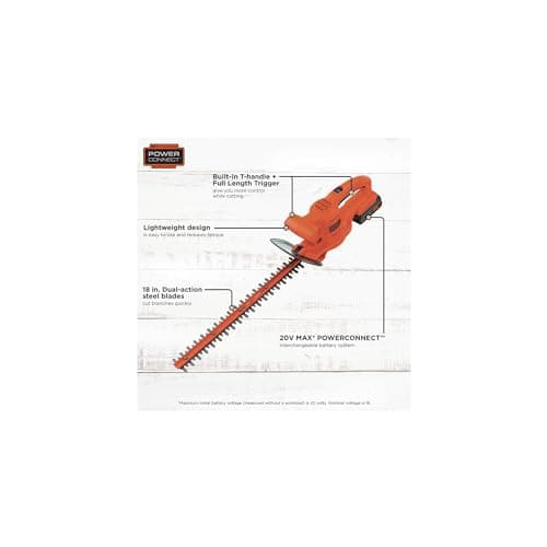 BLACK+DECKER 20V MAX Hedge Trimmer, Cordless, 18 inch Blade, Reduced Vibration, Battery and Charger Included (LHT218C1)