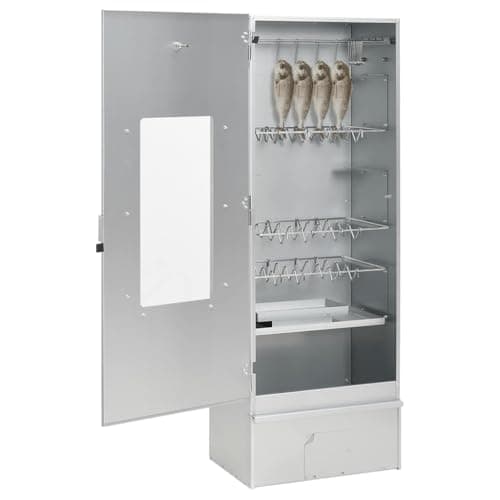 'vidaXL BBQ Oven Smoker with Wood Chips in Galvanized Steel - Outdoor Smoker for Meat, Fish, Sausages with Thermometer & Glass Window, Silver