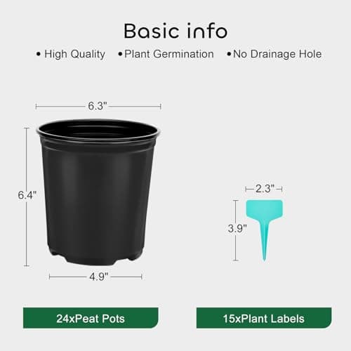GROWNEER 24 Set 6" 1 Gallon for Plants Flexible Nursery Pot with Drainage Hole and 15 Pcs Plant Labels Flower Plant Container for Indoor Outdoor Seedlings Vegetables Succulents(Black)