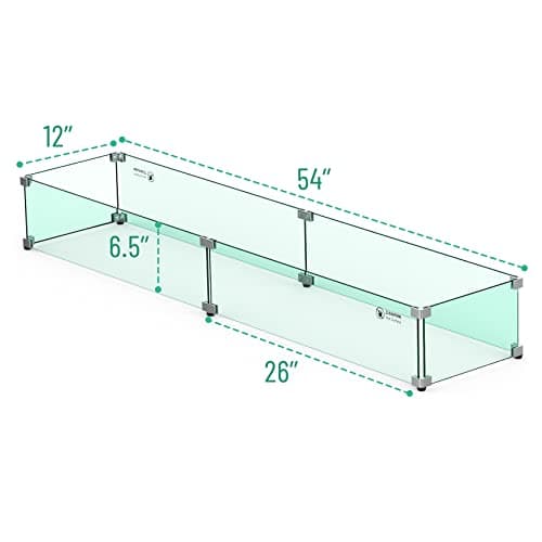 Skyflame Fire Pit Table Glass Wind Guard - 54" x 12", Thick Linear Heat-Resistant Tempered Glass Flame Shields with Hard Aluminum Corner Brackets and Rubber Feet for Propane, Gas, Outdoor