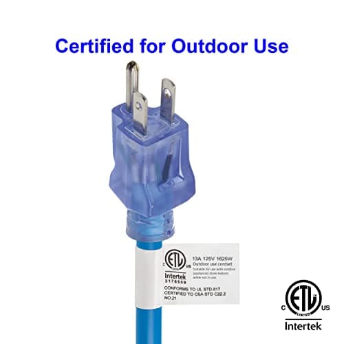 Clear Power 15 ft Extreme Cold Weather Outdoor Extension Cord, Lighted End, 16/3 SJTW, Works Down to -50°C, Power Indicator Light, 3-Prong Grounded Plug, Blue, DCOC-0072-DC