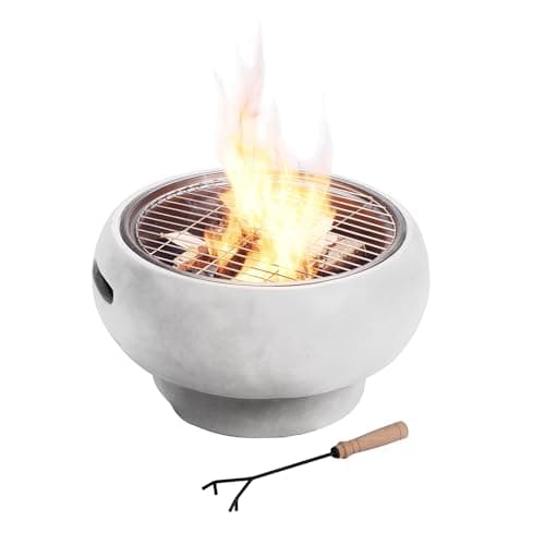Teamson Home MGO Light Concrete Round Charcoal and Wood Burning Fire Pit for Outdoor Patio Garden Backyard with Spark Screen, Fireplace Poker, Grate, and BBQ Grill, Light Gray