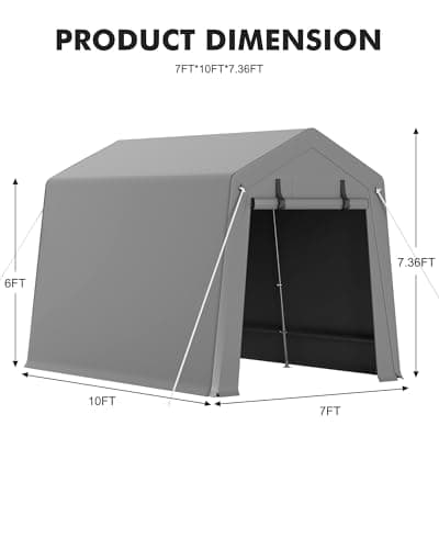 7 x 10 ft Carport Storage Shed, Portable Garage with Roll-up Zipper Door, Heavy Duty Waterproof Tarp, Storage for Motorcycle, Bike, Firewood, Garden Tools