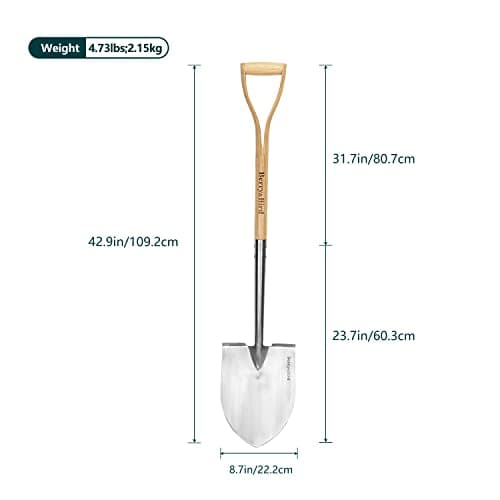 Shovels for Digging, 43’’ Round Spade Heavy Duty Shovel with Wooden D Handle Stainless Steel Snow Shovel Garden Shovel Yard for Transplanting & Outdoor
