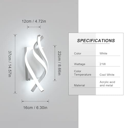 DELIPOP Wall Sconces, Spiral Modern LED Wall Sconce Lighting, 6500K Cool White Indoor Wall Light, Acrylic LED Wall Lamp for Bedroom, Bathroom, Living Room, Hallway, Balcony (White)