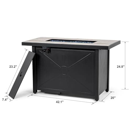 Nuu Garden Propane Fire Pit Table, CSA Certified 42 Inch 50,000 BTU Outdoor Propane Gas Cabinet Rectangle Fire Pit Table, Ceramic Tabletop, Rattan and Iron Frame, with Lid and Fire Glass Beads, Black