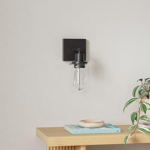 Licperron Black Vanity Wall Sconces Set of Two, Modern Sconces Wall Lighting Fixture with Clear Glass Shade for Bathroom, Industrial Metal Wall Mount Lamp for Bedroom Mirror Living Room