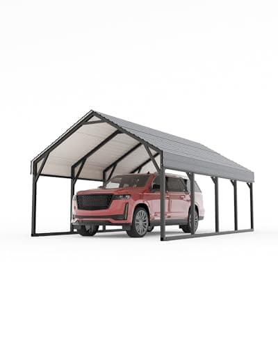 12x20 FT Metal Carport, Reinforced Frame and Steel Roof for All-Weather Use, Permanent Shelter for Bass Boats, Full-Sized Pickup Trucks, and Tractors