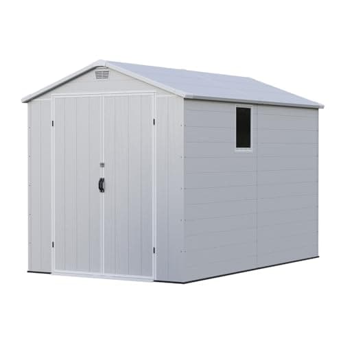 Patiowell 6 x 10 FT Plastic Outdoor Storage Shed with Floor, Resin Outside Tool Shed with Two Windows and Lockable Door for Garden, Backyard, Tool Storage Use, Easy to Install, Light Grey