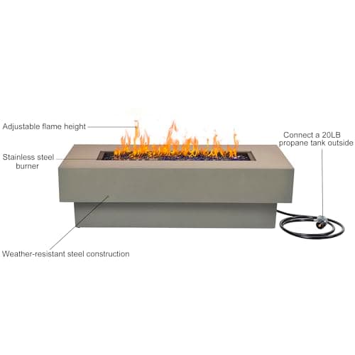 Outdoor Low Profile Fire Table, 48-inch Rectangle Propane Gas Fire Pit Table, 50,000 BTU Modern Firepit w/Lid, Fire Glass, Cover, Pre-Attached 10ft Propane Hose, Flint Gray