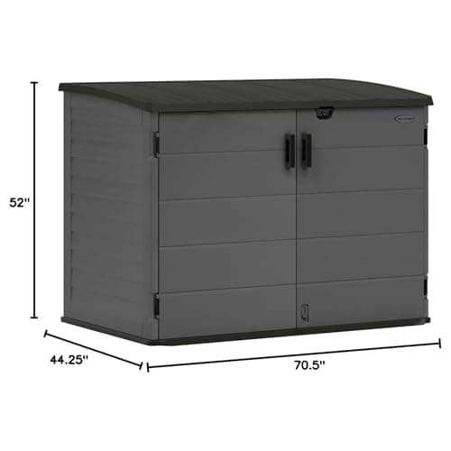 Suncast Stow-Away Horizontal Storage Shed for Yard Storage, All-Weather Outdoor Storage Shed with 2 Lockable Doors, 70.5" W x 44.25" D x 52" H, Peppercorn, Made in The USA