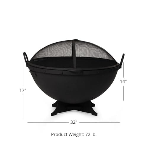 Ash & Ember 32in Hemisphere Fire Pit with Screen and Poker, Cast Iron High-Temperature Black Paint Fire Bowl, Wood Burning Backyard Fireplace, Portable Outdoor Firepit