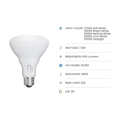 Feit Electric BR30 LED Flood Light Bulb, 65W Equivalent, Dimmable, 5CCT, Adjustable White, 650 Lumens, Indoor/Outdoor Residential & Commercial Use, 17,000-Hour Lifespan, BR3065DM5CCTCA15K/6, 6-Pack