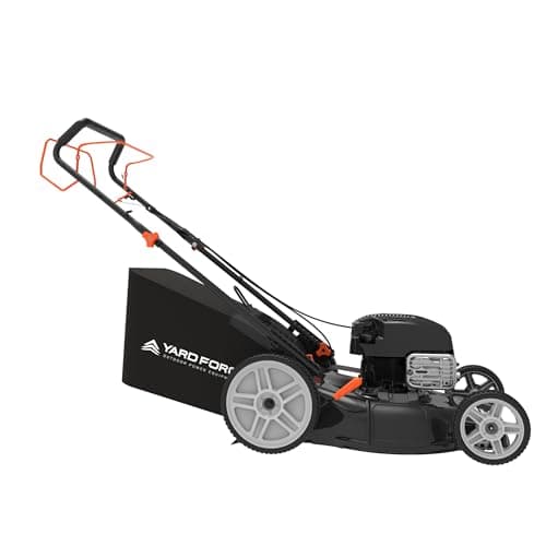 Yard Force Self Propelled Lawn Mower Briggs & Stratton 150cc Gas Engine 22-inch Steel Deck 3-in-1 Mulch, Bag, Side Discharge, 12-inch High Rear Wheels