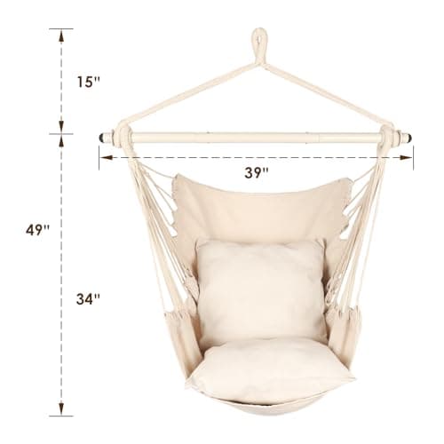 Highwild Hammock Chair Hanging Rope Swing - Max 500 Lbs - 2 Cushions Included - Steel Spreader Bar with Anti-Slip Rings - for Any Indoor or Outdoor Spaces (Beige)