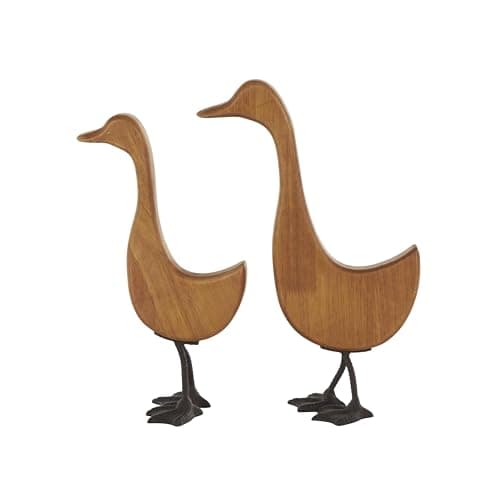 Deco 79 Wood Duck Decorative Garden Sculpture Abstract Minimalistic Garden Statues with Black Metal Feet, Set of 2 Outdoor Sculptures 13", 12"H, Brown