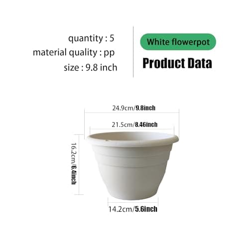 Plant Pots Set of 5, 10" Outside Diameter Flower Pots, 8.5" Inner Diameter Plant Planters with Drainage Hole, Durable Garden Pots Perfect for Indoor & Outdoor Plant Planting, Decor, White