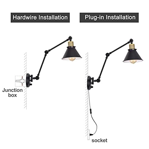 TRLIFE Wall Sconce Plug in, Dimmable Wall Sconce with Switch Swing Arm Wall Lights Plug in Wall Mounted Light Wall Sconces Lighting with 6FT Plug in Cord, E26 Base, UL Listed(Two Arms, 1 Pack)