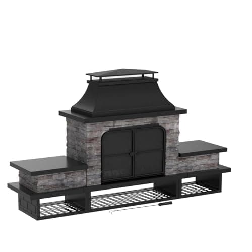 Sunjoy Outdoor Fireplace, Patio Wood Burning Fireplace with Steel Chimney, Mesh Spark Screen Doors, Fire Poker, and Removable Grate, Black