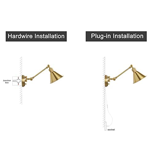 TRLIFE Wall Sconce Plug in, Dimmable Wall Sconces Set of 2 Wall Lights with Plug in Cord and Dimmer On/Off Knob Switch, Brushed Brass Swing Arm Wall Light, UL Listed(2 Pack, 2 Bulbs)