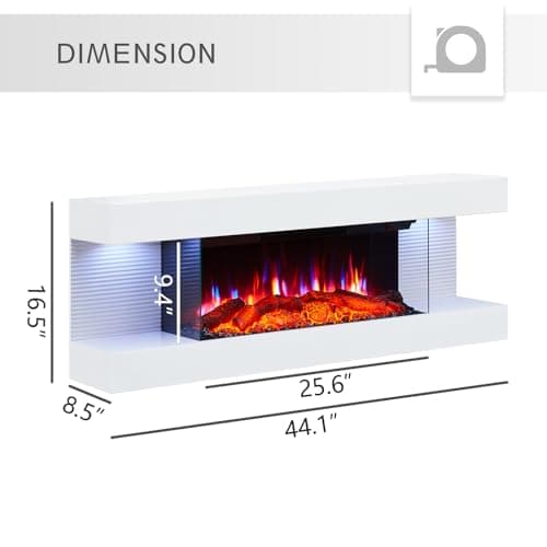PuraFlame Alsa 44 Inch Wall Mounted Electric Fireplace All-in-One with Multi Ambient Light Colors, Remote, 1500W Heater, White