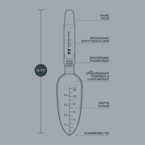 Woodland Tools Co. Heavy Duty Garden Transplanter – Rust-Resistant Aluminum Hand Trowel with Depth Gauge and Ergonomic Soft Grip Handle