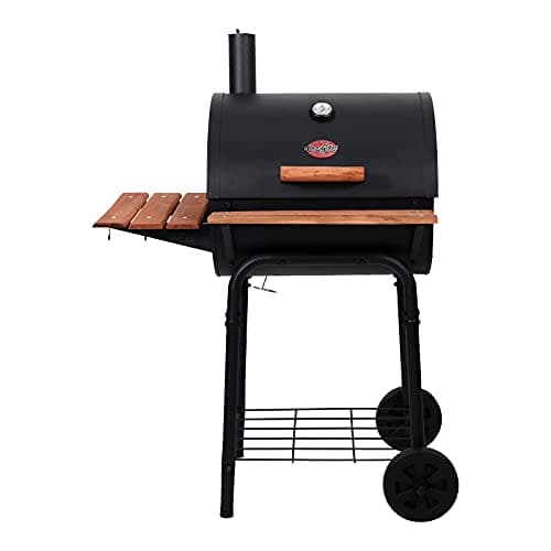 Char-Griller® Wrangler® Charcoal Grill in Black with Wood Shelves, EasyDump™ Ash Pan, Premium Wood Front and Side Shelves with Utensil Hooks, 635 Cooking Square Inches in Black, Model E2123