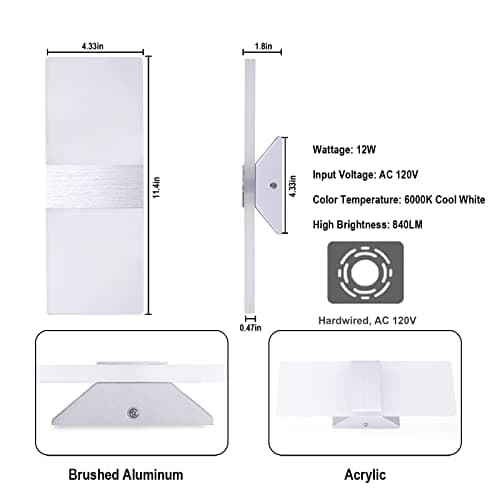 TRLIFE Modern Wall Sconces, Dimmable Wall Sconces Set of 2 Wall Mounted Lights 12W 6000K Cool White Hardwired Wall Sconce Lighting for Bedroom Bedside Living Room Stairway Hotel(2 Pack)