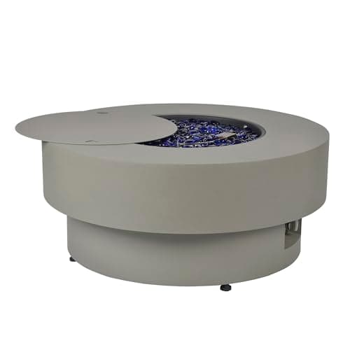 Propane Outdoor Fire Pit Table, Flint & Concrete Look 33-inch Round Patio Gas Fire Table 50,000 BTU w/Lid, Fire Glass, Heavy Duty Rain Cover, Pre-Attached 10ft Propane Hose