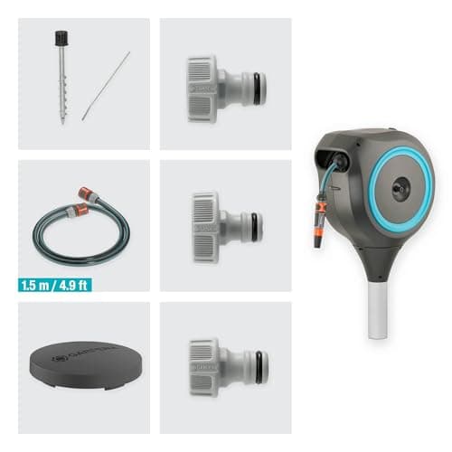 GARDENA (18614-80) 66' x 1/2" Automatic Retractable Garden Hose Reel on Metal Spike, 66' Outside Garden Hose Length, with 360° Rotation to Reach All Areas of Your Yard