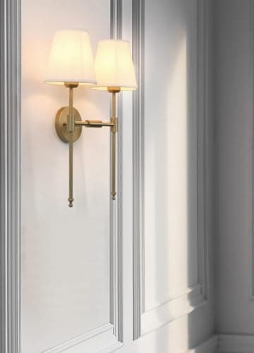 PERMO Classic Rustic Double Sconce 2-Lights Wall Sconce Lighting Fixture with Flared White Textile Lamp Shade and and Antique Brass Finished Long Arm,Wall Sconce Light Fixture for Bathroom Bedroom