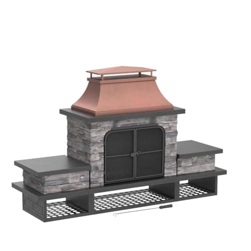 Sunjoy Outdoor Fireplace, Patio Wood Burning Fireplace with Steel Chimney, Mesh Spark Screen Doors, Fire Poker, and Removable Grate, Copper and Black
