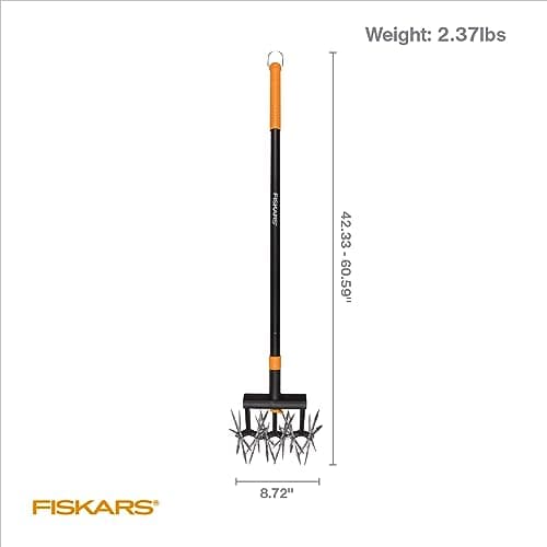 Fiskars Tiller Cultivator for Garden and Lawn, Extendable (40"- 60") Gardening Hand Tool, Telescoping Rotary Hand Cultivator Tool for Soil or Reseeding Grass