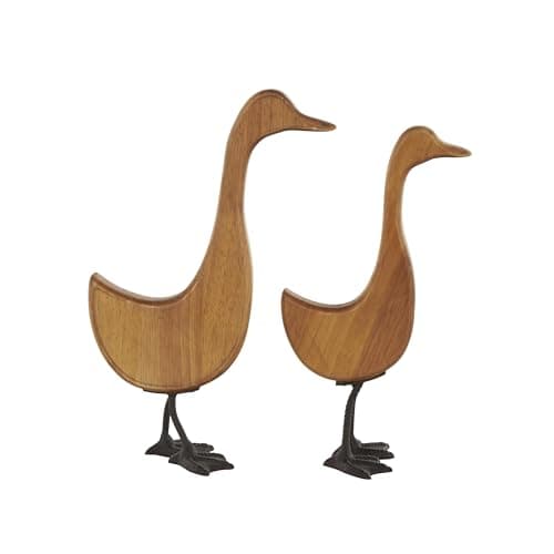 Deco 79 Wood Duck Decorative Garden Sculpture Abstract Minimalistic Garden Statues with Black Metal Feet, Set of 2 Outdoor Sculptures 13", 12"H, Brown