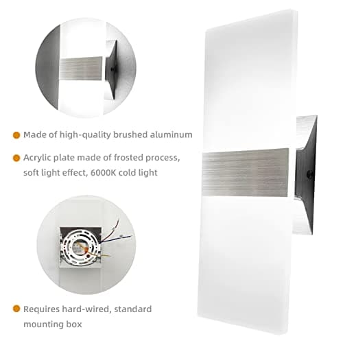 KICAAO Modern Wall Sconces Set of Two, Led Wall Light 10w, 6000k White Light Up Downlight, Hardwired Acrylic Wall Light Lighting, Suitable for Living Room Corridor Bedside (Cool White 6000K 2Pack)