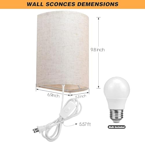 Plug in Wall Sconce, 3 Color, Set of Two, Industrial Wall Lamp with Plug in Cord, Rustic Fixture, On/Off Switch Vintage Wall Light Fixture for Headboard Bedroom Porch (Beige)