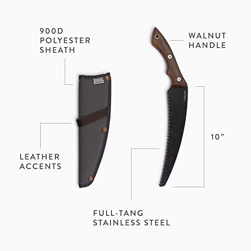 Barebones Timber Saw - Hand Saw with Ergonomic Walnut Handle for Camping, Pruning, and Wood Cutting - Curved Blade and Root Cutter with Sheath