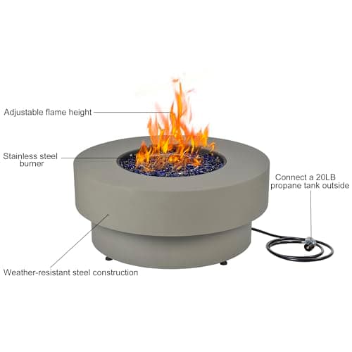 Propane Outdoor Fire Pit Table, Flint & Concrete Look 33-inch Round Patio Gas Fire Table 50,000 BTU w/Lid, Fire Glass, Heavy Duty Rain Cover, Pre-Attached 10ft Propane Hose